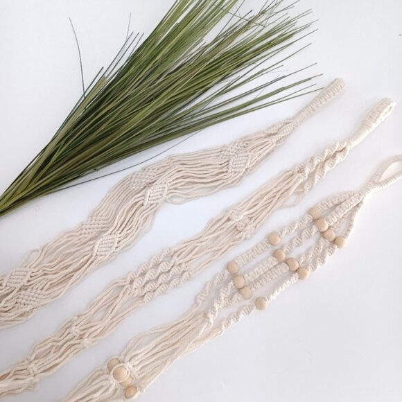 3PC Macrame Hanging Planters | Natural Beige | Cotton Cord | Boho Wall Decor - Picture 2 of 4
